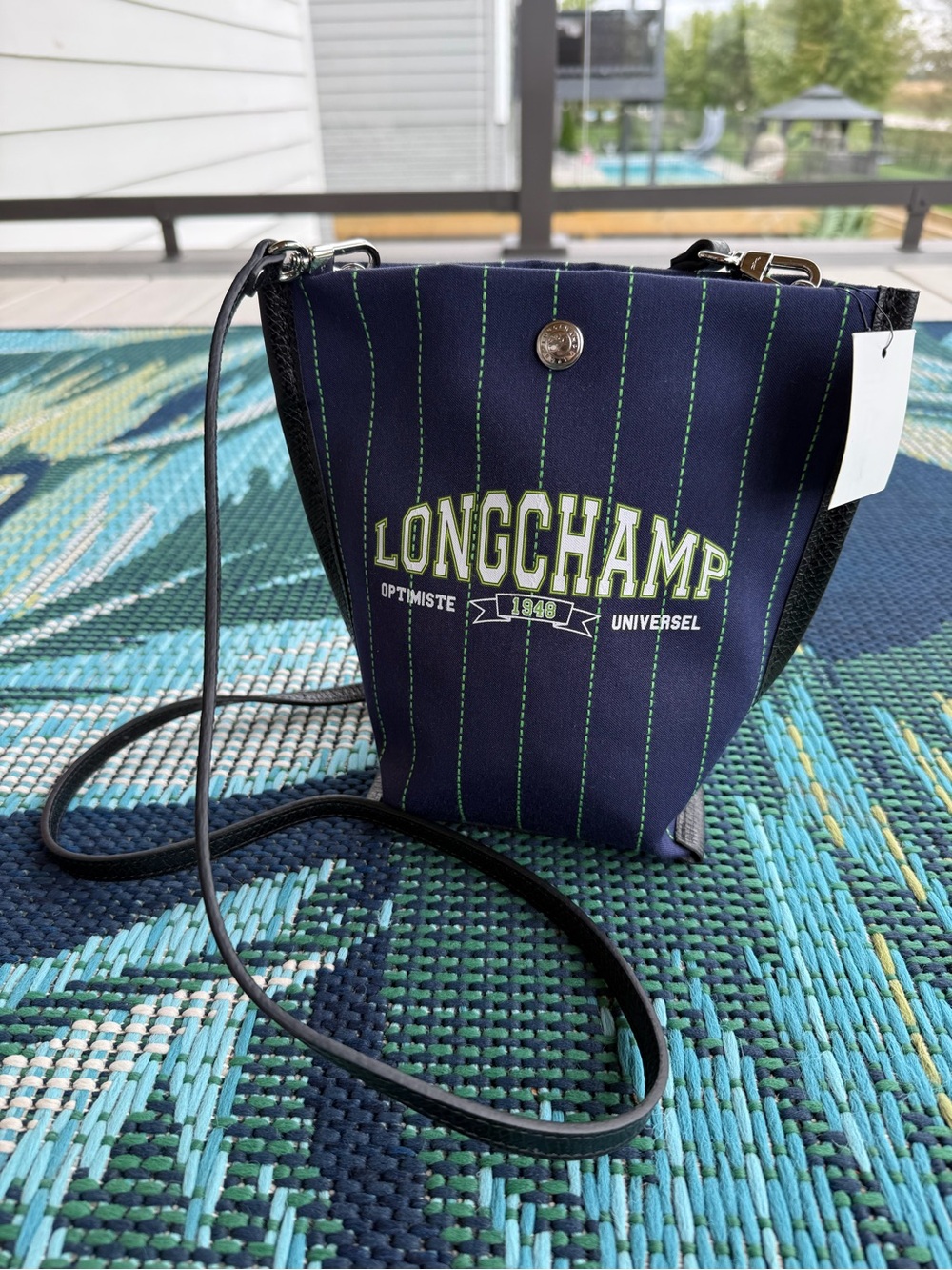 Longchamp Navy Crossbody with Green Pinstripes